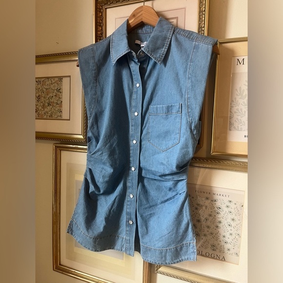 Derek Lam 10 Crosby Ivy Sleeveless Ruched Button Down Shirt Light Wash Denim 0 - Picture 6 of 10